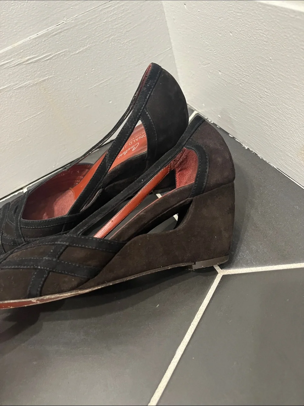 Couture Donald J. Pliner Black and Brown Suede Slingback Wedge Pumps